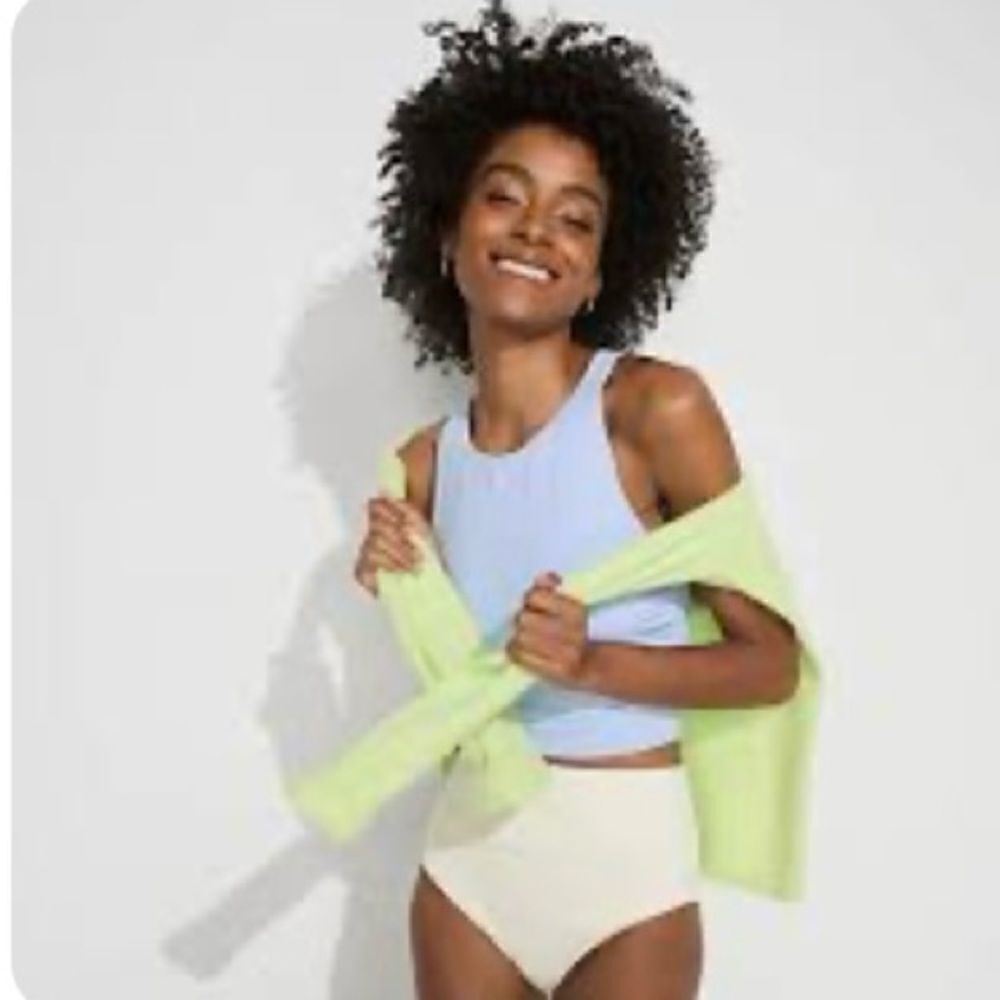 Land's End Plus Standard Racer Back High Neck Tankini shelf bra soft cloud blue